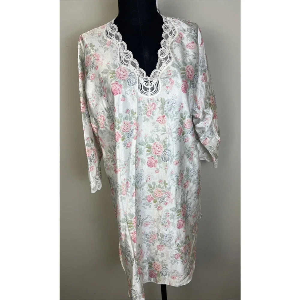Barbizon‎ Nightgown To Knew Floral Lace Detail Large Satin Grammy Core USA